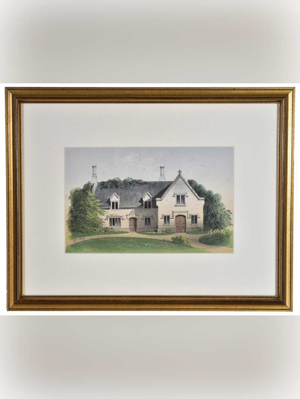 Vintage Framed Architectural Cottage Rendering  - Classic Country Home Scene